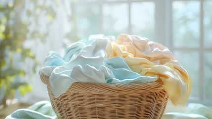 Poster - Soft pastel laundry drying in a wicker basket by a sunny window in a cozy room. Generative AI