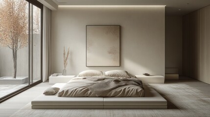 Poster - Modern minimalist bedroom design with neutral tones and natural light in a serene setting. Generative AI