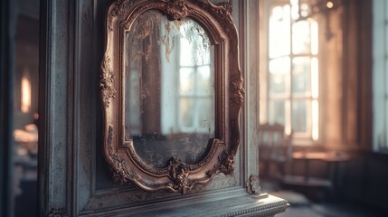 Aufkleber - Reflections on a dusty vintage mirror framed in ornate wood in an elegant, softly lit room. Generative AI