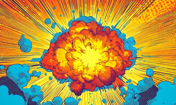 The background of the comic book is yellow and orange, with halftone dots in blue, a large explosion at center