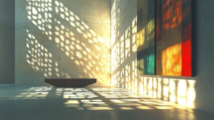 Poster - Sunlight casts intricate shadows in a modern gallery with colorful artwork. Generative AI
