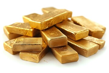 Poster - Stack of shiny gold bars on white background showing wealth and financial investment concept, precious metal bullion close up view for banking and economy.