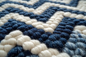 Canvas Print - Closeup of Woven Textile with Blue and White Zigzags