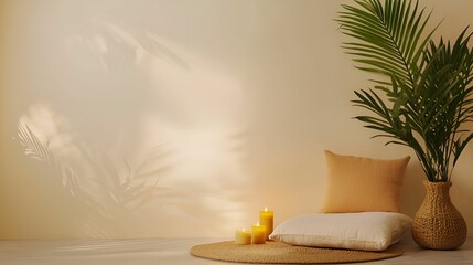 Wall Mural - Social Pressure Relief concept. Cozy interior with a cushion, palm leaves, and decorative elements in warm tones.