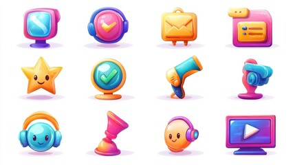 Poster - website ranking icons cartoon set. desktop chat messages. technical support, hotline. satisfaction a