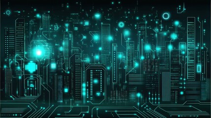 Poster - Digital interface with glowing turquoise circuits, pixelated patterns, and virtual data projections, reminiscent of a cyber city skyline at night. tech background.