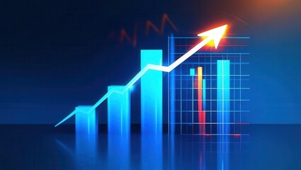 Poster - Stock market and business. Graphical representation of growth with ascending bars and a rising arrow on a blue background.