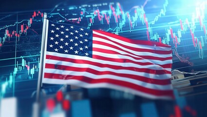 Poster - stock market and business. american flag waving with stock market data in the background, symbolizin
