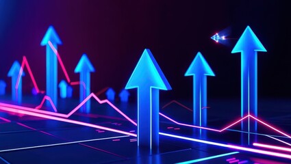 Poster - Stock market and business. Abstract digital graph with glowing arrows indicating upward trends and vibrant colors.