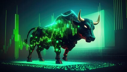 Poster - stock market and business. a digital bull surrounded by green market data visualizations symbolizes 
