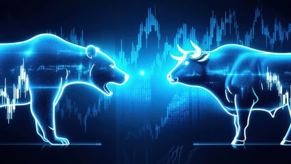 Poster - stock market and business. digital art depicting a bear and bull facing off, symbolizing market tren