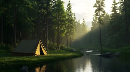 Wall Mural - Peaceful Forest Campsite by Tranquil Stream at Dawn