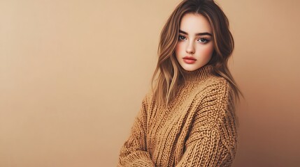 Wall Mural - Young woman with long blonde hair wearing a beige knit sweater against a beige background.