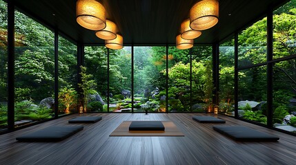 Sticker - Serene Japanese garden room, meditation, nature view, tranquility, wellness retreat