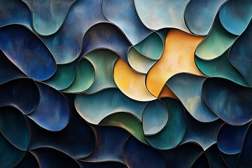 Wall Mural - Abstract Blue Green Yellow Curving Shapes Artwork