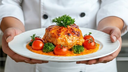 Wall Mural - Chef presenting a beautifully plated dish with vegetables and savory sauce