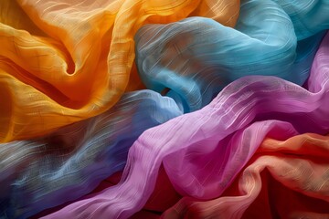 Aufkleber - Colorful flowing fabric waves in orange, blue, and pink create dynamic abstract pattern with soft textile texture and graceful curves for luxury design background.