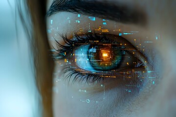 Poster - Close-up of blue eye with digital technology interface overlay, glowing orange center and futuristic data elements reflecting modern biometric scanning concept.