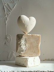 Poster - White heart shape on stacked stone blocks in minimalist composition against light background, creating artistic still life with natural shadows and textures.