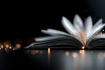 Poster - Open book with glowing magical pages emitting light and sparkles against dark background, creating mystical atmosphere with bokeh effect and reflections.