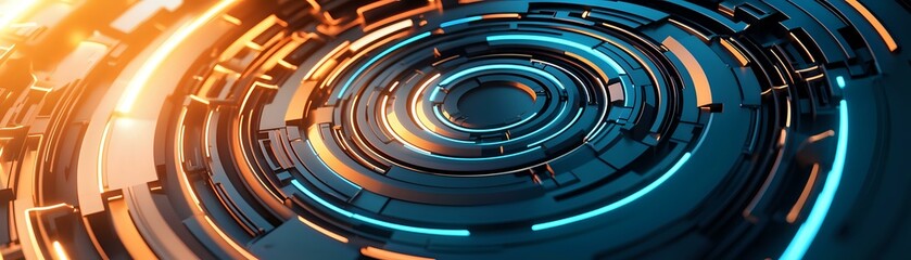 Poster - Futuristic circular technology pattern with glowing orange and blue neon lights on dark background, abstract digital tunnel design for tech backgrounds.