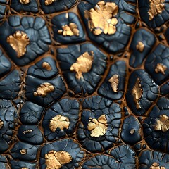 Poster - Dark blue cracked surface with golden metallic accents creating abstract organic pattern. Textural background shows contrast between matte and shiny elements.