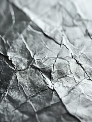 Poster - Crumpled metallic silver foil surface with dramatic shadows and creases creating abstract texture pattern for luxury design backgrounds and overlays.