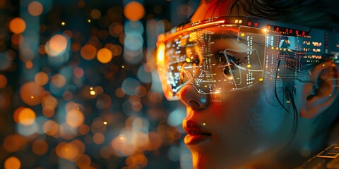 Poster - Futuristic augmented reality glasses with glowing orange bokeh reflections on young Asian woman face in dark moody cyberpunk atmosphere.