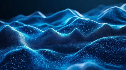 Poster - Undulating waves of vibrant blue light ripple across a tranquil digital landscape, evoking a sense of calm and wonder. The scene captures the beauty of light and motion harmoniously intertwined