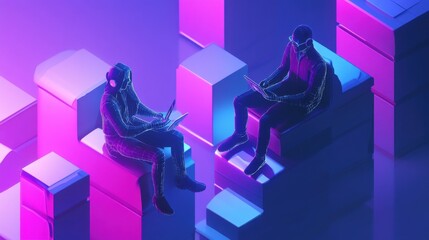 Poster - users with digital gadgets sitting on smartphone screen and chatting with chatbot. social media bots