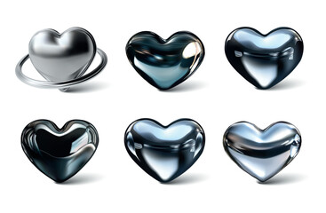 Poster - A collection of six metallic hearts positioned in a row, each with unique shapes and finishes. The hearts vary in color and sheen, presenting an array of artistic possibilities for design.