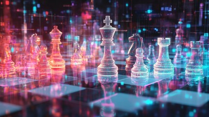 Poster - A digital chessboard with holographic pieces symbolizing AI in business strategy.