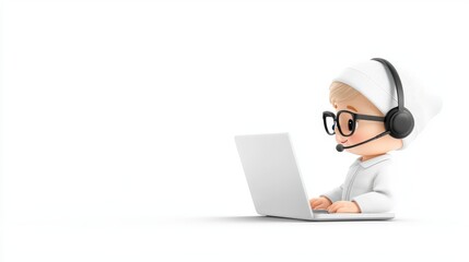 Poster - A virtual English tutor teaching kids through an online lesson, using a headset and laptop, isolated on white