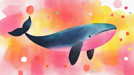 Sticker - Blue whale, watercolor, A colorful watercolor illustration of a whale swimming against a vibrant, abstract background.