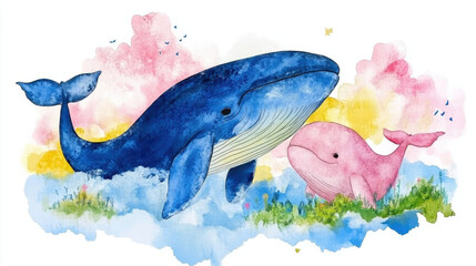 Canvas Print - Blue whale, watercolor, A vibrant watercolor illustration of a blue whale and a pink whale surrounded by soft colors and grassy elements.