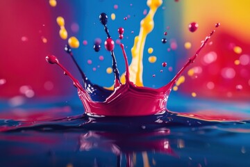 Poster - Vertical footage of colorful paint splashes. Vivid drips in red, blue, purple, and black forming a dynamic abstract visual perfect for creative projects and art enthusiasts