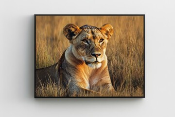 Wall Mural - A majestic lioness rests gracefully in the golden savanna grass, bathed in the warm sunlight.