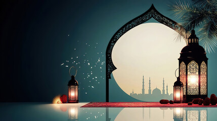 Poster - Ramadan symbolizes purity prayer and charity under the crescent. Elegant Lanterns with Moonlit Mosque Silhouette at Dusk