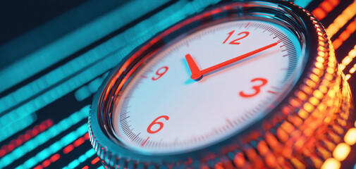 Fototapete - A futuristic digital clock glows with abstract light, representing the concept of time and modern technology, enhanced by innovation and datum visualization.