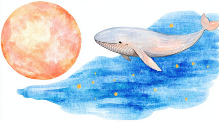 Canvas Print - Blue whale, watercolor, A whimsical watercolor illustration of a whale swimming under a bright orange moon in a starry night sky.