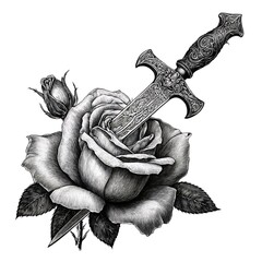 Wall Mural - Retro-style gravure tattoo of a dagger piercing a blooming rose. Isolated on white. Ai Generative