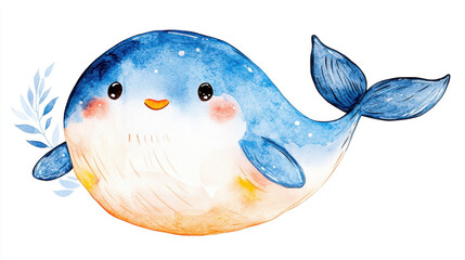 Canvas Print - Blue whale, watercolor, A cute, watercolor illustration of a smiling whale with a blue gradient and cheerful expression.