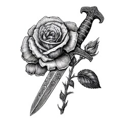 Wall Mural - Vintage-inspired gravure tattoo of a dagger piercing a fully bloomed rose. Isolated on white. AI generative.