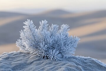 Canvas Print - Frost-covered pine branches on a sandy dune at sunrise, a serene winter scene.