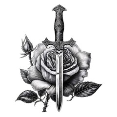 Wall Mural - Engraved-style retro tattoo featuring a dagger stabbing through a delicate blooming rose. Isolated on white. AI generative.