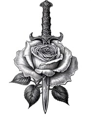 Wall Mural - Old-school gravure tattoo of a dagger piercing a detailed rose in full bloom. Isolated on white. AI generative.
