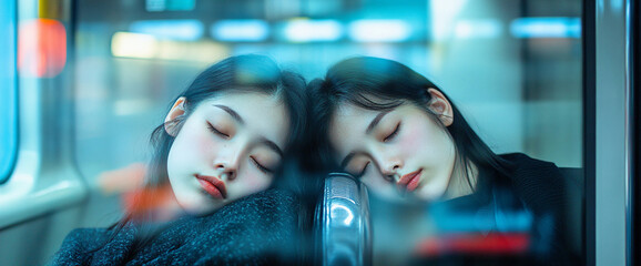 Two young asian women sleeping side by side on a train, heads resting on each other, symbolizing comfort, companionship, and a peaceful journey during a quiet moment in urban life.