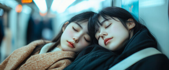 Two young asian women sleeping on a subway train with their heads resting on each other's shoulder, capturing a moment of friendship and peaceful rest in a busy urban environment.