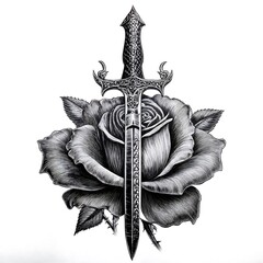 Wall Mural - Traditional engraved tattoo design of a dagger piercing a beautifully blooming rose. Isolated on white. AI generative.