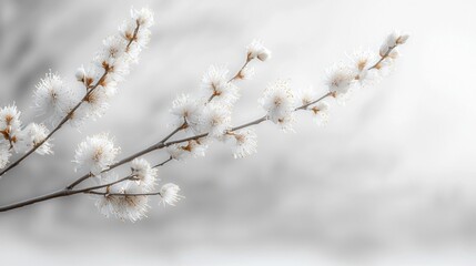Poster - Soft white flowers gently adorn slender branches, reaching out in a tranquil landscape. This scene captures the essence of spring awakening in a muted, peaceful atmosphere